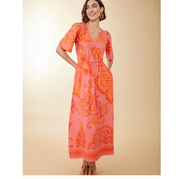 Spartina 449 Dresses & Skirts - Spartina 449 Womens XS Pink Orange Floral Cotton Maxi Dress Drawstring Pocket